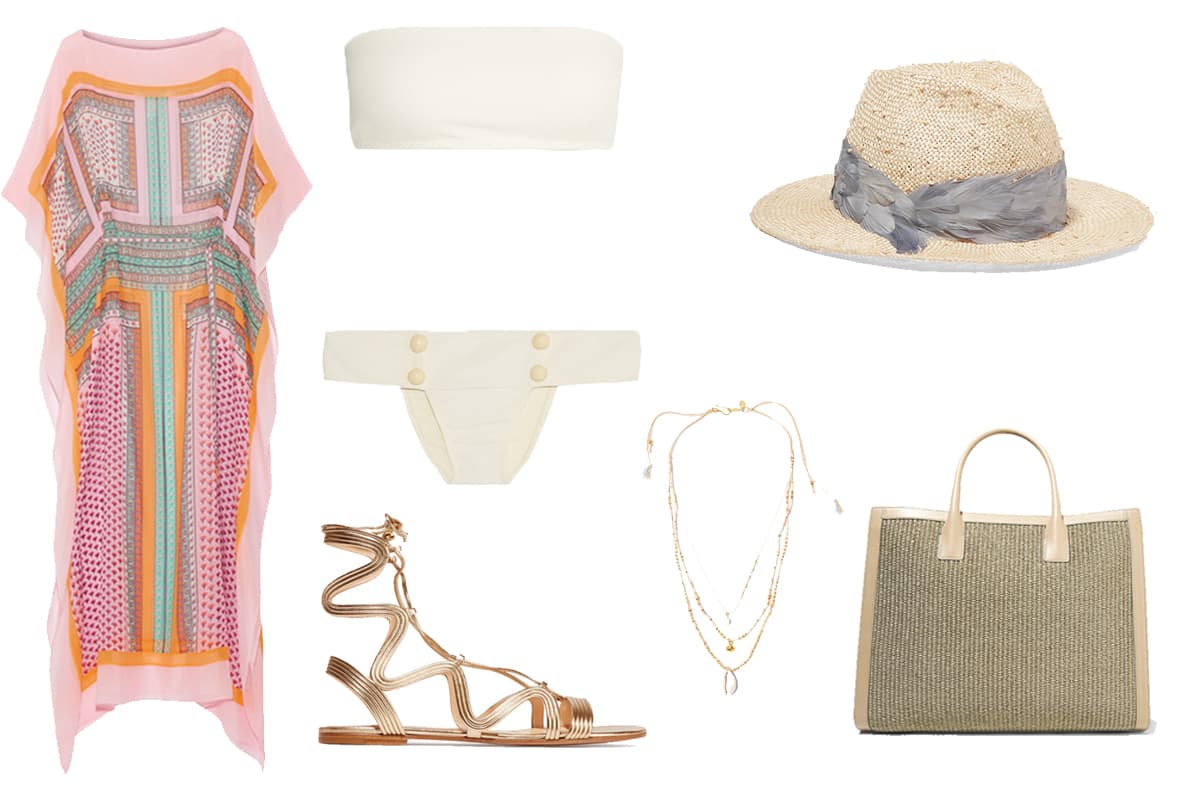 Sol, arena y mar: Disfruta de un día al lado de las olas del mar con un outfit de túnica larga y un traje de baño strapless. Si ya tienes una base de color en el cuerpo, un bikini en tono blanco contrastará con tu piel, haciéndola lucir aún más bronceada. No te olvides de llevar lentes oscuros y sombrero para cubrirte de los estragos del sol. 1.Kaftan en seda y chiffon, Diane Von Furstenberg. 2. Bolsa estilo tote en piel, Aerin 3.Sombrero, Eugenia Kim. 4.Sandalias metálicas, Gianvito Rossi 5.Bikini en crepe elástico, BCBG. 6.Collar en baño de oro, Chan Luu, (190 USD).