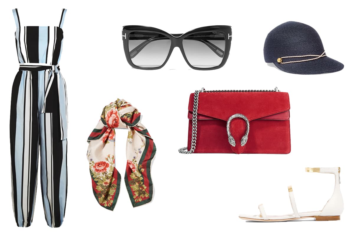 ¡All aboard!: Un paseo en yate con tus amigos cercanos, siempre es un gran plan para pasar un día festivo. Opta por un jumpsuit a rayas ya que es una pieza imprescindible para marcas como Dolce & Gabbana, Tory Burch y Stella McCartney esta primavera. Compleméntalo con accesorios en azul marino y blanco para darle un toque naval a tu look, sin caer en lo típico. 1.Jumpsuit en algodón, Dolce & Gabbana. 2.Sandalias metálicas, Tamara Mellon. 3.Lentes Irina en acetato, Tom Ford. 4.Mascada en seda, Gucci. 5.Sombrero estilo gorra en paja con piel, Eugenia Kim. 6.Bolsa Dionysus en gamuza, Gucci (2,400 USD).