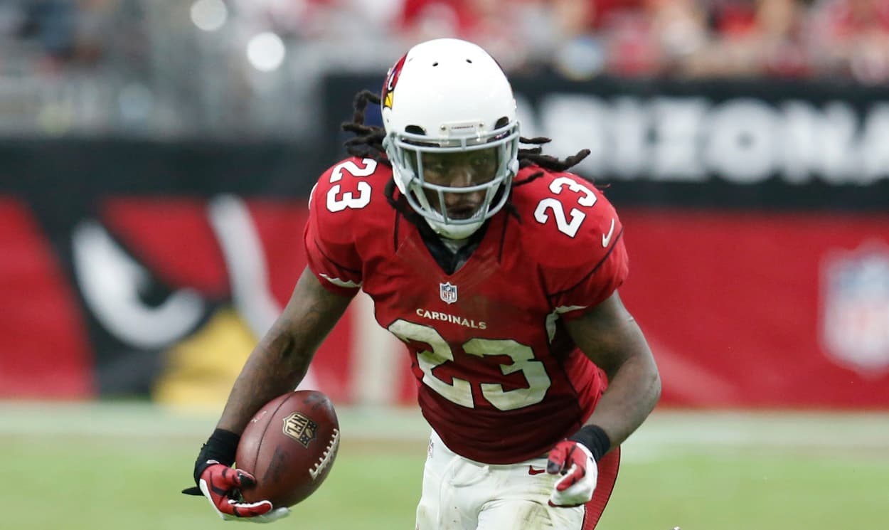 Arizona Cardinals running back Chris Johnson (23) against the San Francisco 49ers during the first half of an NFL football game, Sunday, Sept. 27, 2015, in Glendale, Ariz. (AP Photo/Rick Scuteri)