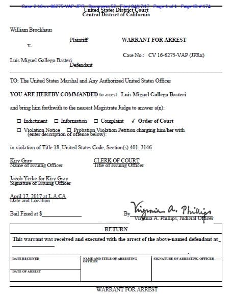 Orden de arresto a Luis Miguel. Documento