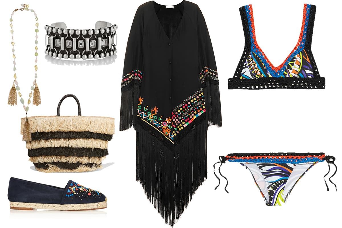 Look 5: Tulum | Kimonos, flecos y joyería étnica. Una bolsa oversize hará que nada se te olvide mientras disfrutas de la playa y las alpargatas harán que siempre estés cómoda. Sienna Miller, en Alfie, fue la pionera del boho chic. Estarás lista para ser la mejor vestida de Papaya Playa. Traje de baño: Emilio Pucci. Alpargatas: Guiseppe Zanotti. Vestido: Anjuna. Collar: Rosantica. Bolsa: Kayu. Brazalete: Dannijo.