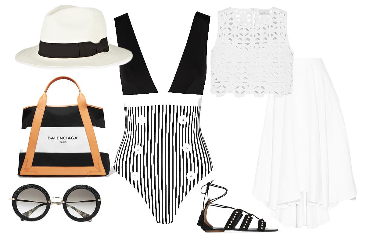 Look 3: Gondolieri | Azul marino y blanco son la base de este look. Sandalias gladiadoras y líneas en tonos marino, blanco y rojo harán que tu figura se vea mucho mas estilizada. Utilízalas en lugares estratégicos como en el abdomen y las piernas pero siempre en dirección vertical. Los sombreros de palma serán tus mejores aliados contra el sol y te harán ver mucho más sofisticada. Este look era el favorito para la playa de Coco Chanel. Traje de baño: La Perla. Lentes: Miu Miu. Sombrero: Zingara . Falda: Zara. Bolsa: Balenciaga. Sandalias: Acquazurra. Top: Miguelina.