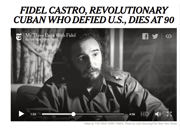 The New York Times abrió su portada con el titular "Fidel Castro, el revolucionario cubano que desafió a Estados Unidos, murió a los 90 años". Va con el relato del periodista Richard Eder, sobre sus tres días de entrevista con el exmandatario en 1964 para el Times.