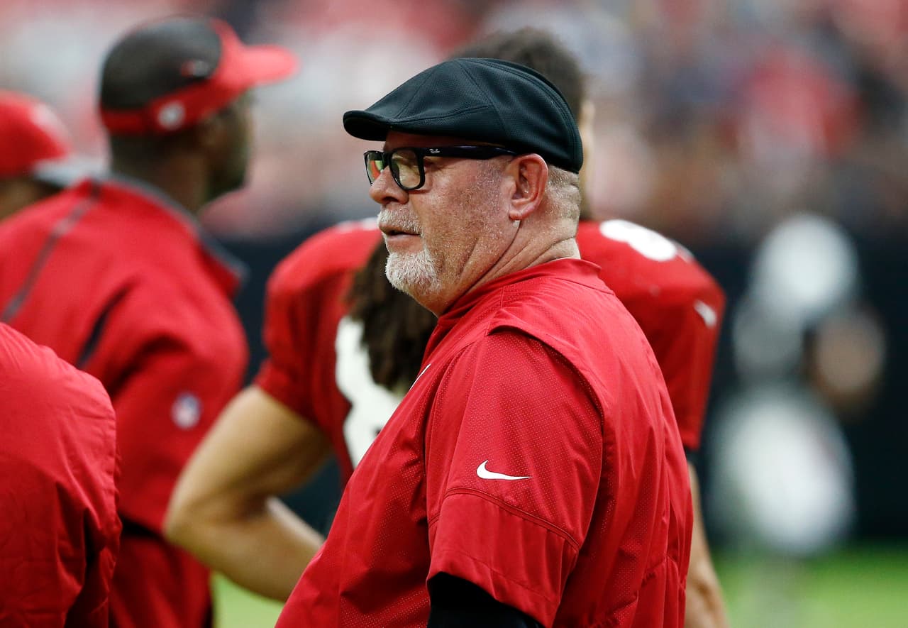 Arizona Cardinals head coach Bruce Arians watches practice during an NFL football training camp Saturday, July 29, 2017, in Glendale, Ariz. (AP Photo/Ross D. Franklin)
