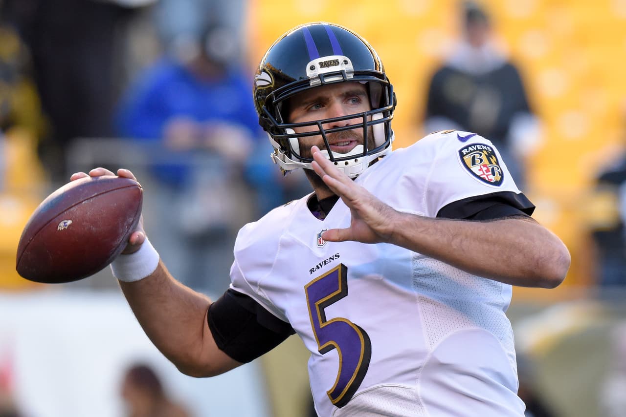 Baltimore Ravens quarterback Joe Flacco (5) warm ups before an NFL football game against the Pittsburgh Steelers in Pittsburgh, Sunday, Dec. 25, 2016. (AP Photo/Don Wright)