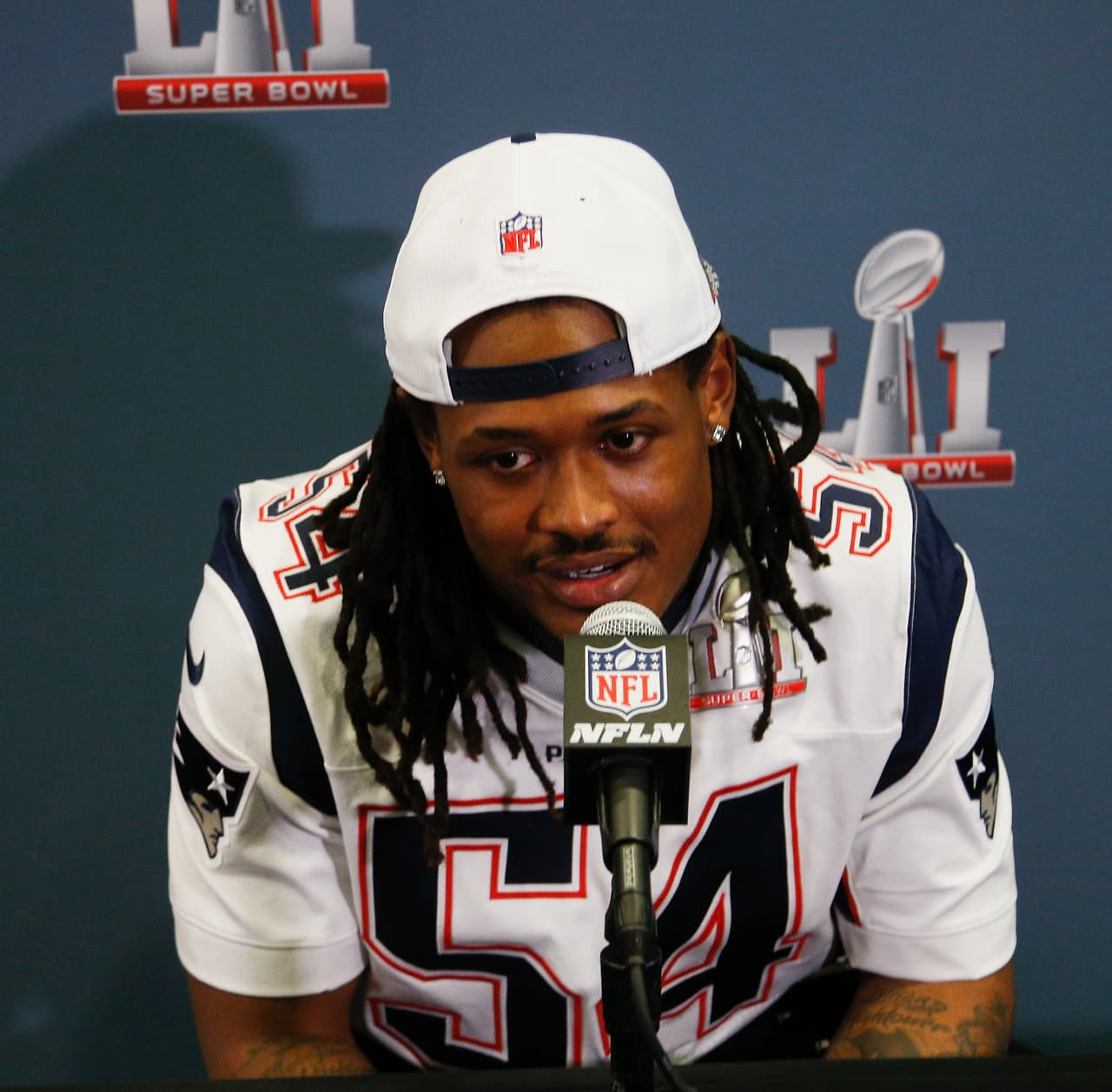 HOUSTON, TX - FEBRUARY 01: Dont'a Hightower #54 of the New England Patriots answers questions during Super Bowl LI media availability at the J.W. Marriott on February 1, 2017 in Houston, Texas. (Photo by Bob Levey/Getty Images)