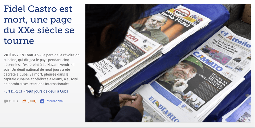 El francés Le Figaro también abrió con la noticia de la muerte del líder de la Revolución cubana acompañada por una imagen con portadas de distintos diarios que destacan la información. Su titular: "Fidel Castro ha muerto, se pasa una página del siglo XX".