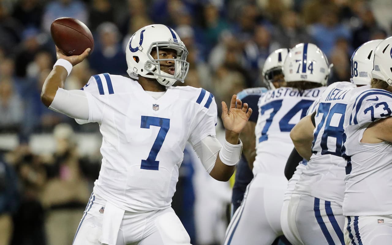 Indianapolis Colts quarterback Jacoby Brissett (7) passes against the Tennessee Titans in the first half of an NFL football game Monday, Oct. 16, 2017, in Nashville, Tenn. (AP Photo/James Kenney)