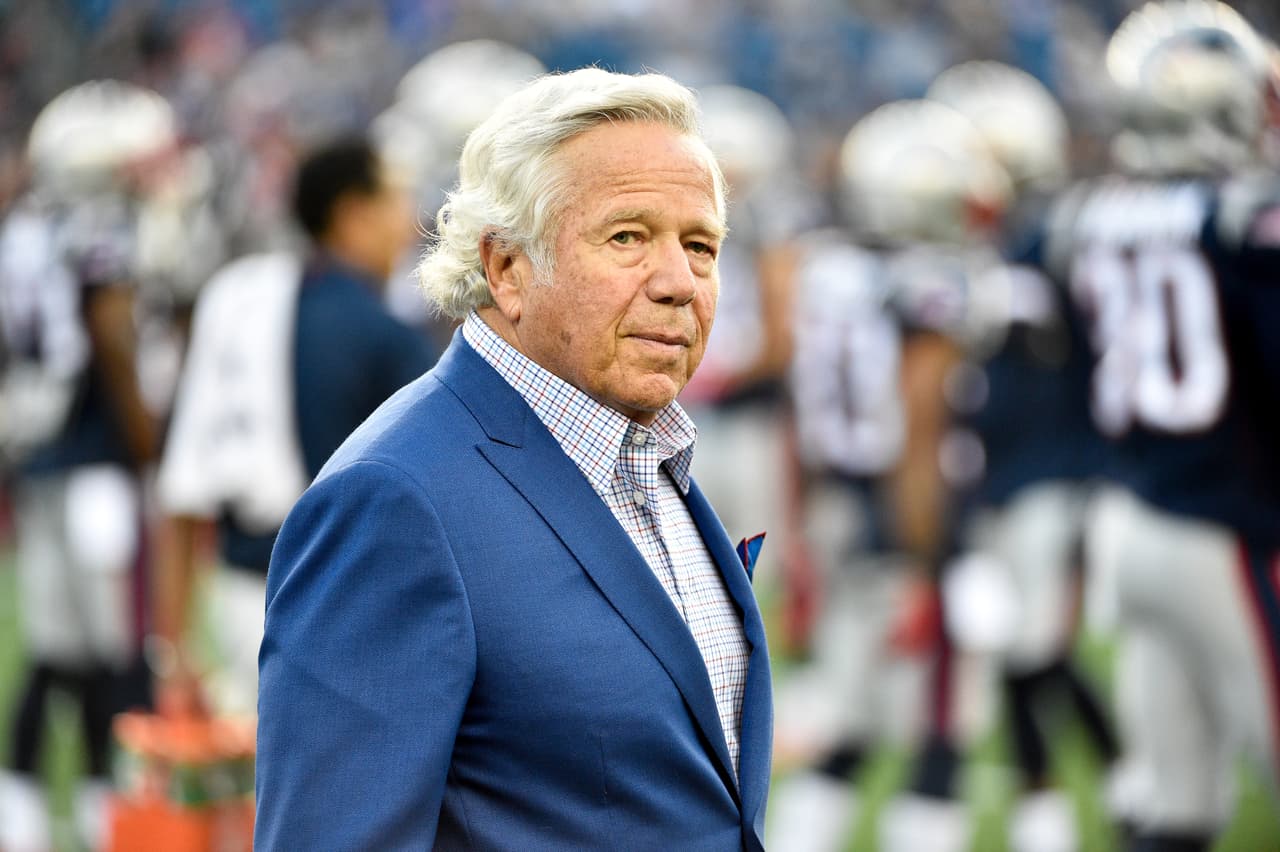 New England Patriots owner chairman and chief executive officer of the Kraft Group Robert Kraft on the field during warm ups prior to the NFL preseason week 1 football game against the Jacksonville Jaguars on Thursday, Aug. 10, 2017 in Foxboro, Mass. The Jaguars defeated the Patriots 31-24. (Jim Mahoney via AP)