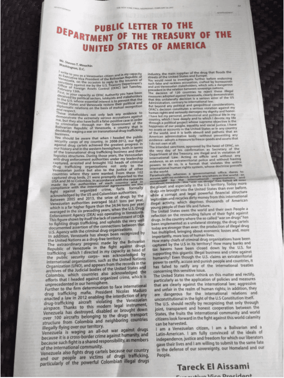 La carta que publicó el vicepresidente venezolano Tareck El Aissami en The New York Times.