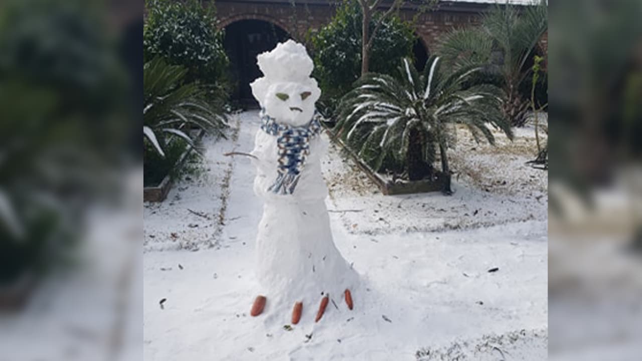 Ramiro y María hicieron este muñeco de nieve fuera de su casa en Houston.