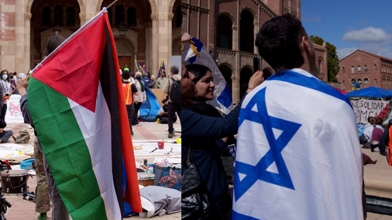 Manifestantes pro palestinos y pro israelíes pelean durante protesta en UCLA contra la guerra en Gaza