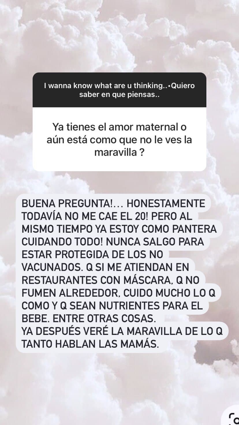 Sobre su maternidad, la también modelo se encuentra muy feliz con su primer embarazo, por lo que trata de cuidarse lo más que pueda para que su bebé esté completamente sano mientras aguarda por tenerlo entre sus brazos.