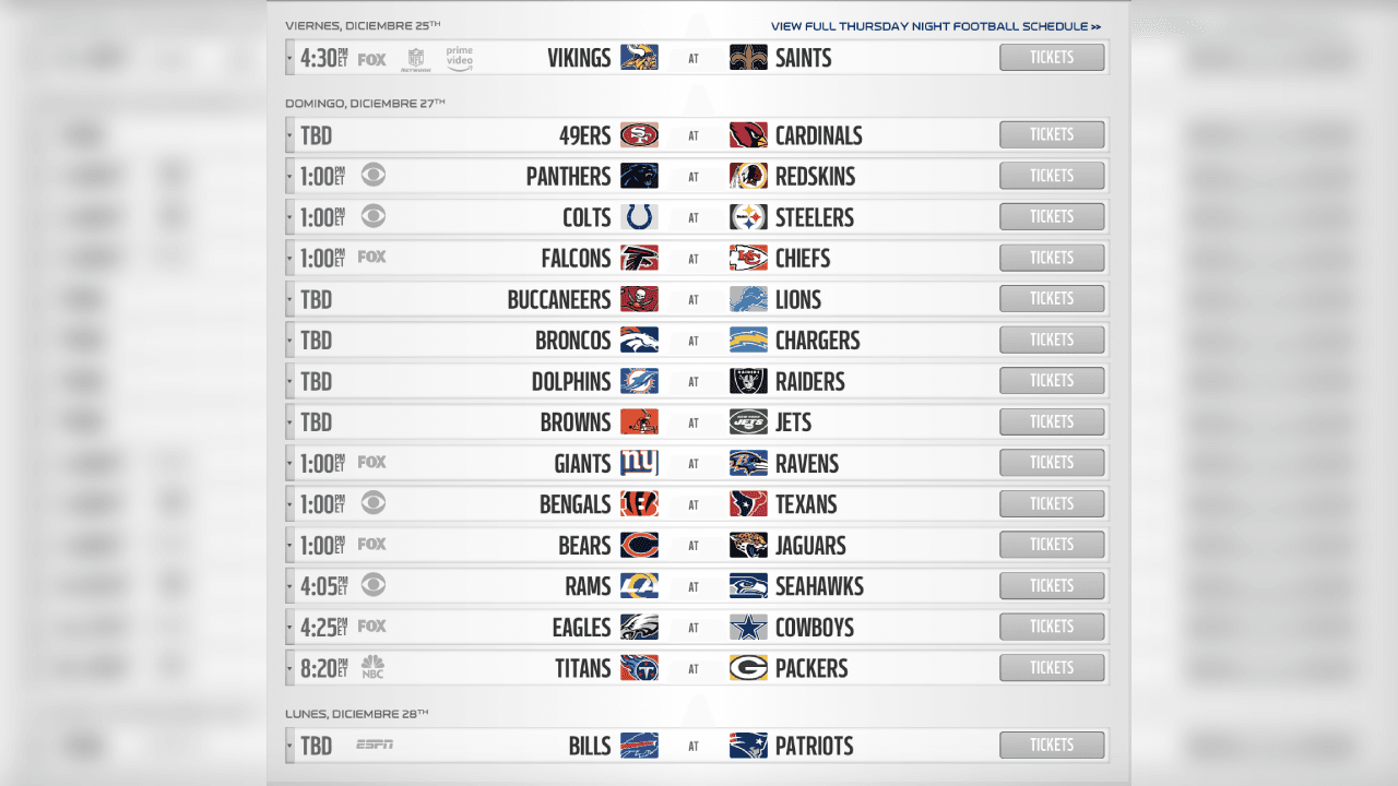 <b>SEMANA 16</b>
<br>- Eagles en contra de Cowboys en un duelo clásico.
<br>- El Sunday Night Football será entre los subcampeones de las Conferencias en la Temporada 100 de la NFL: Titans y Packers. 
<br>- El último Monday Night Football será cuando los Bills visiten Foxboro ante los Patriots.
