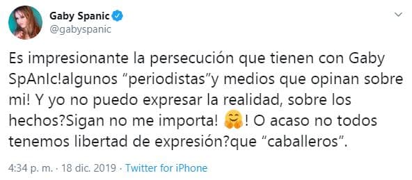 De esta manera, la artista venezolana resaltó: “Es impresionante la persecución que tienen con Gaby Spanic algunos ‘periodistas’ y medios que opinan sobre mí”.