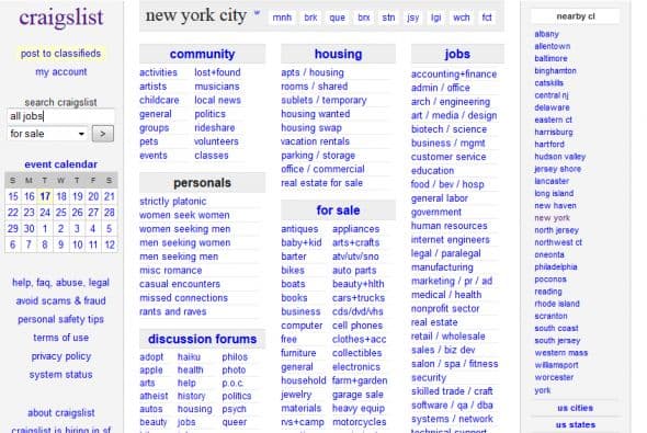 Craiglist: Seguro pensabas que este sitio es más como para buscar apartamento, vender una tele vieja o conectarte con alguien. Pero este sitio es más que eso. Puedes postear tu currículum y encontrar una variada oferta laboral y todos los empleos son publicados exclusivamente en este sitio por los empleadores.