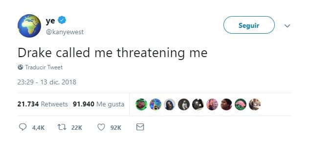 “Drake me llamó amenazándome”, escribió Kanye en su cuenta de Twitter.
<br>