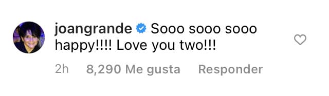 Ya desde Instagram, Joan Grande había dado su visto bueno al compromiso de su hija al dejarle estas palabras.
<br>