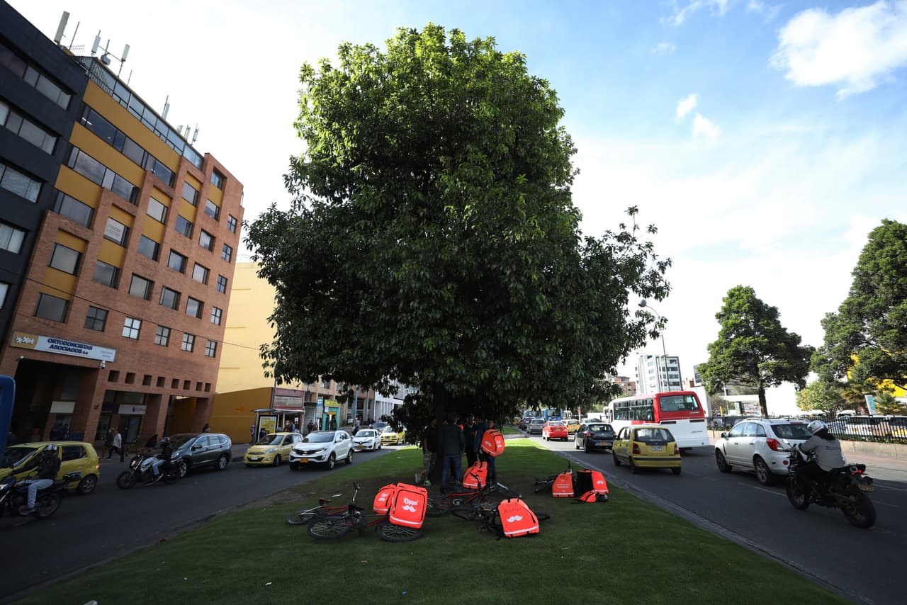 Un grupo de inmigrantes venezolanos espera bajo un árbol de Bogotá que lleguen las órdenes de entrega de
<i>Rappi</i>.
<a href="https://www.univision.com/noticias/inmigracion/este-inmigrante-paso-de-ser-politico-en-su-pais-a-chofer-de-uber-en-eeuu-ahora-lucha-contra-la-deportacion">En todo el mundo los inmigrantes están acudiendo en masa a aplicaciones de este tipo</a> para trabajar por cuenta propia. Son sistemas que ofrecen una oportunidad rápida de ganar dinero en efectivo en lugares donde los recién llegados luchan por encontrar trabajos regulares.