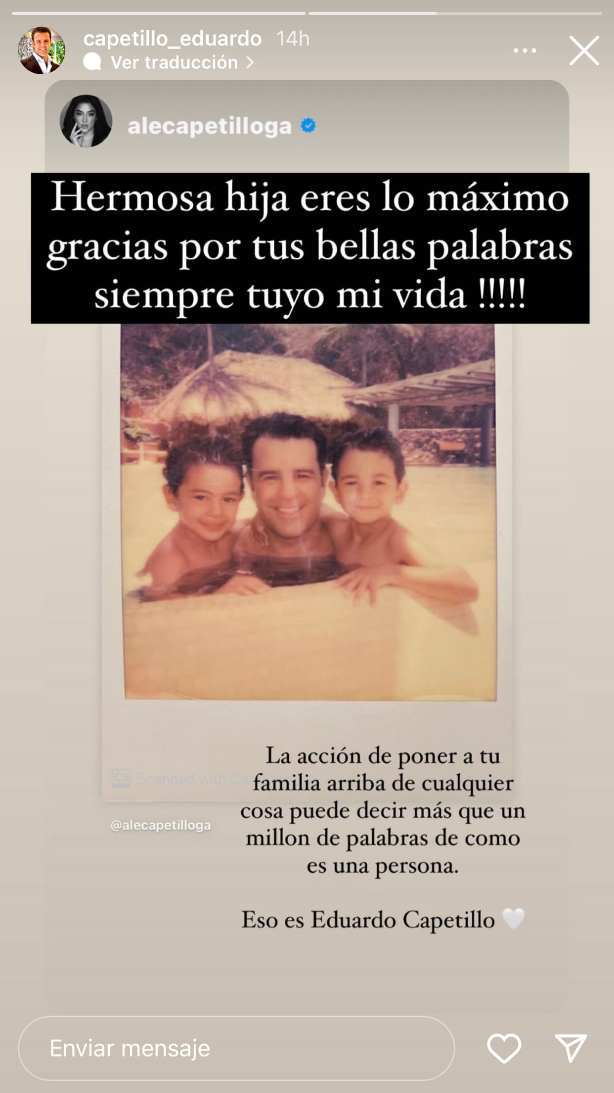 A través de sus historias de Instagram, el artista agradeció a su hija sus "bellas palabras": 
<b>"¡Siempre tuyo, mi vida!". </b>
<br>