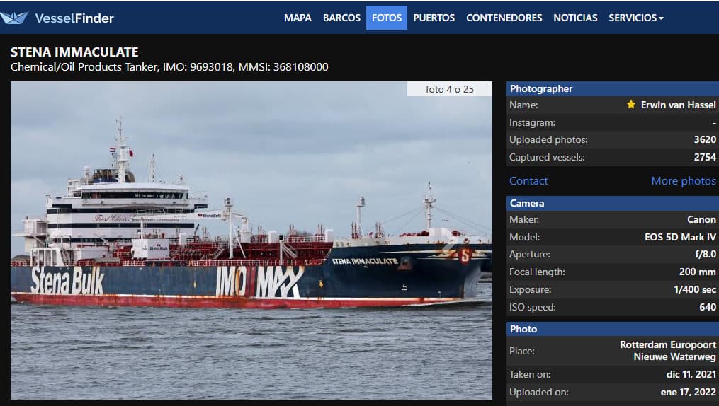 Información sobre el petrolero Stena Immaculate, con bandera de Estados Unidos, en la web de seguimiento marítimo, Vessel Finder.