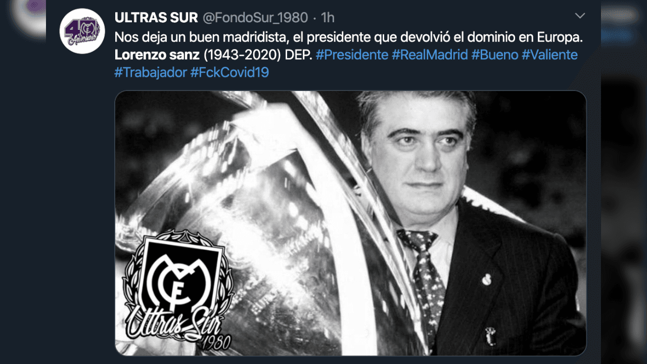 El madridismo reacciona y otorga sus condolencias a Lorenzo Sanz, quien falleció con 76 años a causa del coronavirus.