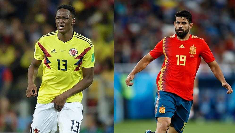 Con tres goles se quedaron en el camino Yerry Mina de Colombia (izquierda) y Diego Costa de España (derecha), eliminados en octavos de final por Inglaterra y Rusia, respectivamente.
