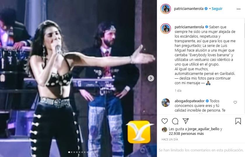 Este miércoles 28 de abril, la cantante mexicana Paty Manterola reaccionó al tercer capítulo de la serie de Luis Miguel, en el que se retrató a un personaje con el que se le relacionó de inmediato en redes sociales, y que supuestamente haría alusión a ella.