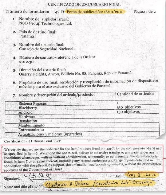 End User Certificate, signed by the government of Panama for the Pegasus system.