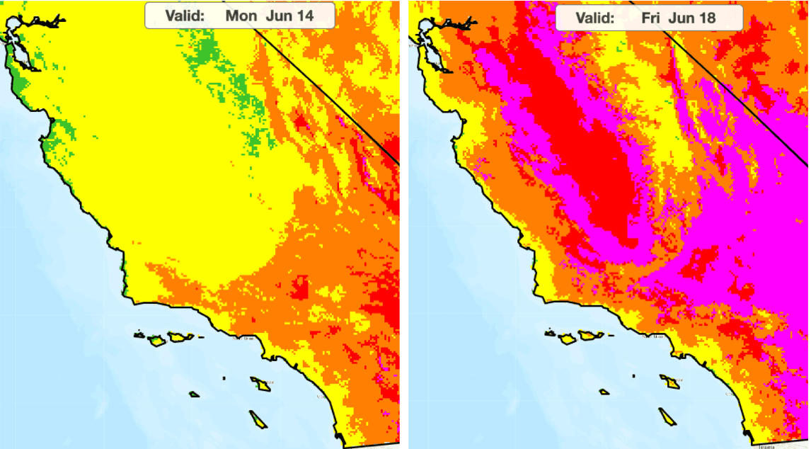 La proyección de riesgo por calor del Servicio Nacional de Meteorología para este martes demuestra la peligrosidad de las temperaturas para la salud de los residentes de la región.
<ul>
 <li style="box-sizing: border-box; margin-bottom: 10px;">El color amarillo representa riesgo bajo para aquellos extremadamente sensibles al calor, sin fuentes de enfriamiento efectivo y / o hidratación adecuada.</li>
 <li style="box-sizing: border-box; margin-bottom: 10px;">El color naranja representa riesgo moderado para aquellos que son sensibles al calor.</li>
 <li style="box-sizing: border-box; margin-bottom: 10px;"><b>El color rojo representa alto riesgo para gran parte de la población.</b></li>
 <li style="box-sizing: border-box; margin-bottom: 10px;"><b>El color magenta representa riesgo alto para toda la población debido al calor de larga duración, con poco o ningún alivio durante la noche.</b></li>
</ul>