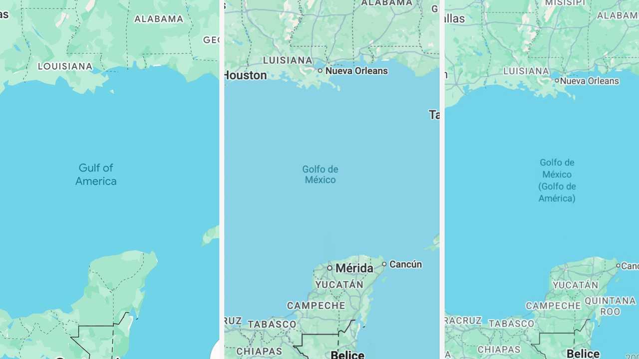 Así se ve el golfo en Google Maps desde Estados Unidos (izquierda), México (centro) y el resto del mundo (derecha).