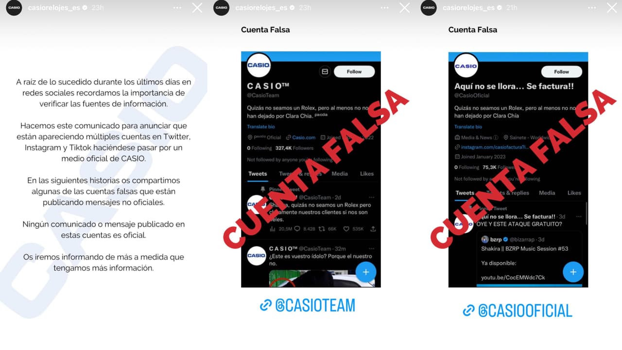 La cuenta oficial y verificada de Casio en España emitió un comunicado en el que desmienten cualquier postura anterior a nombre de la compañía y además denunciaron algunas cuentas falsas.