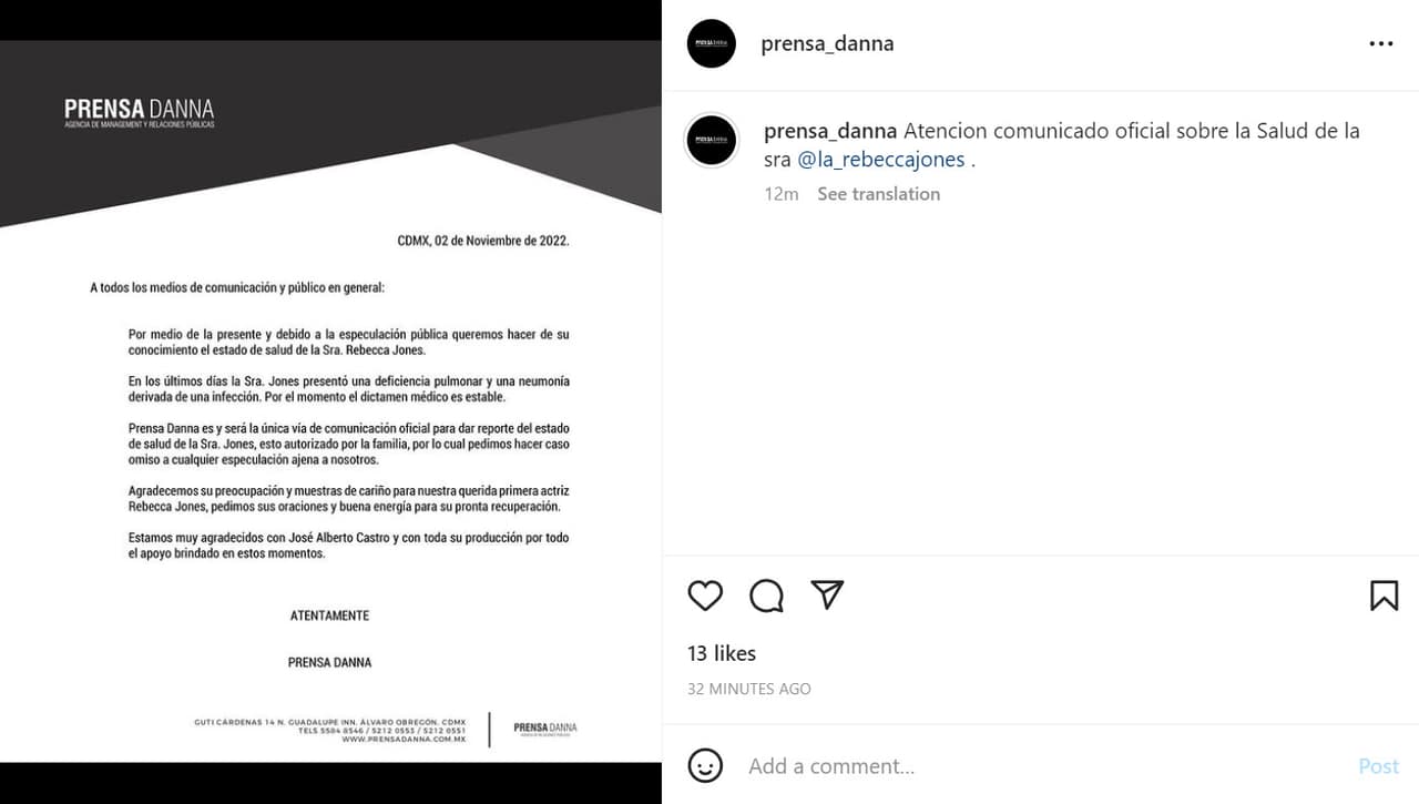 La representante de Rebecca Jones envió un comunicado para aclarar el estado de salud de la actriz.