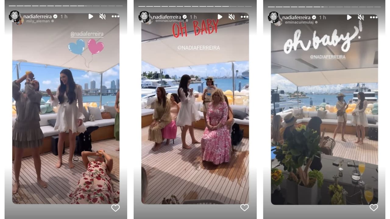 Nadia Ferreira y sus invitadas jugando en el 'baby shower'.