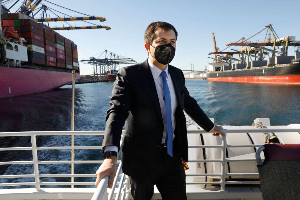 US Department of Transportation Secretary Pete Buttigieg tours the ports of Los Angeles and Long Beach, January 11, 2022, to see progress being made to supply chain disruptions and the backlog of container vessels off the coast.