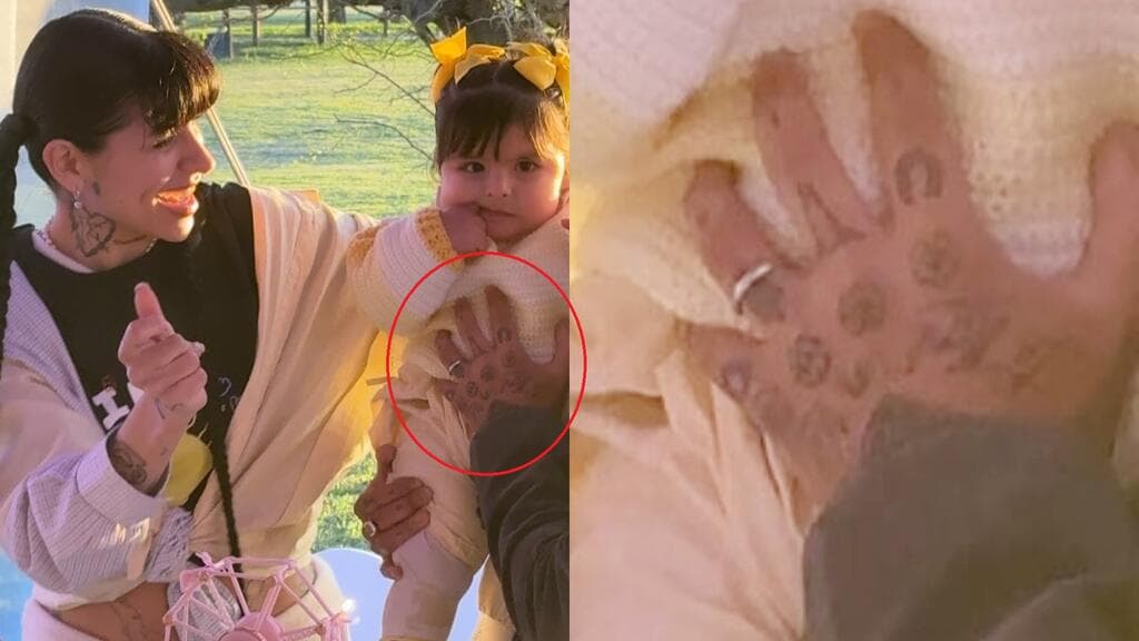 En esta imagen que Cazzu compartió en Instagram, la cantante no mostró el rostro de Nodal, pero la presencia del cantante en la fiesta fue evidente al dejarse ver que la mano con el tatuaje que sostiene a Inti era la de él.