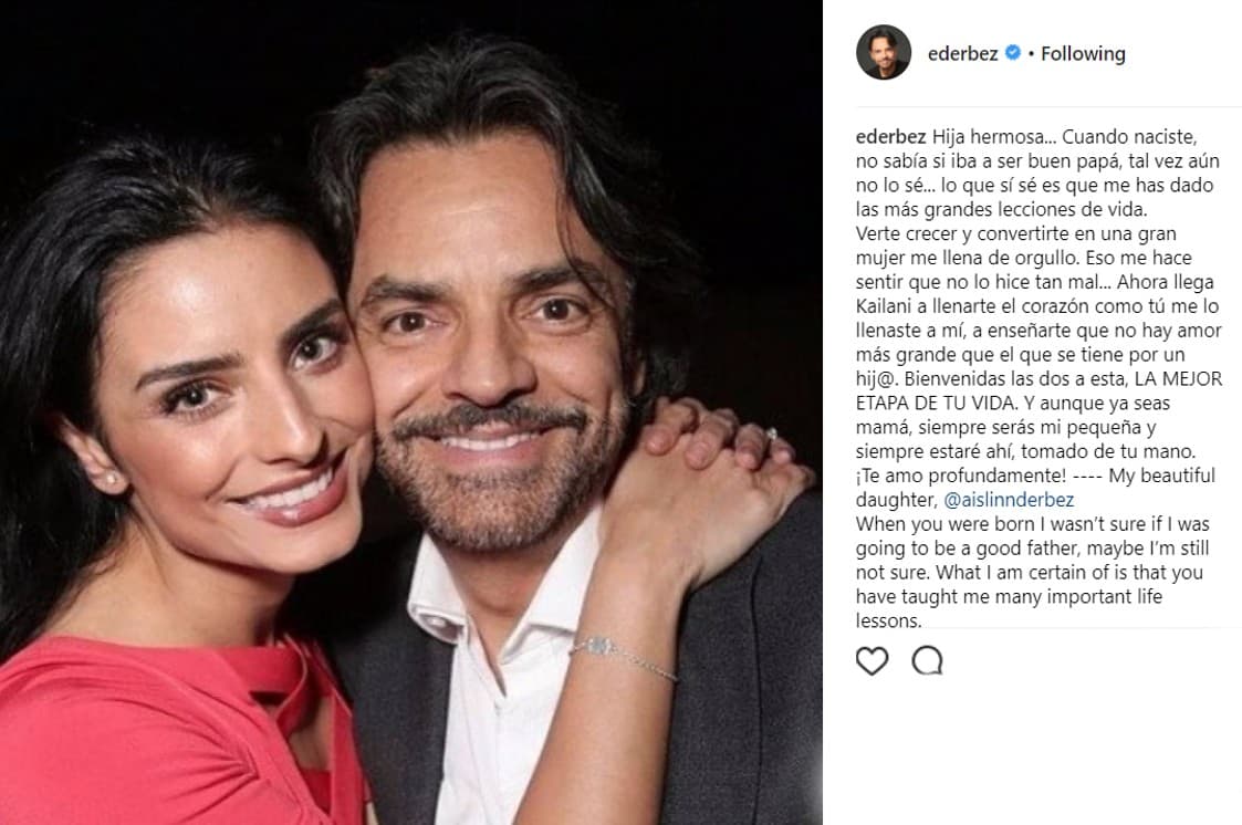 Tanto para Alessandra como para Eugenio, Kailani es su primera nieta. El actor festejó con un tierno mensaje a Aislinn el nacimiento de la bebé: "Aunque seas mamá, siempre serás mi pequeña".