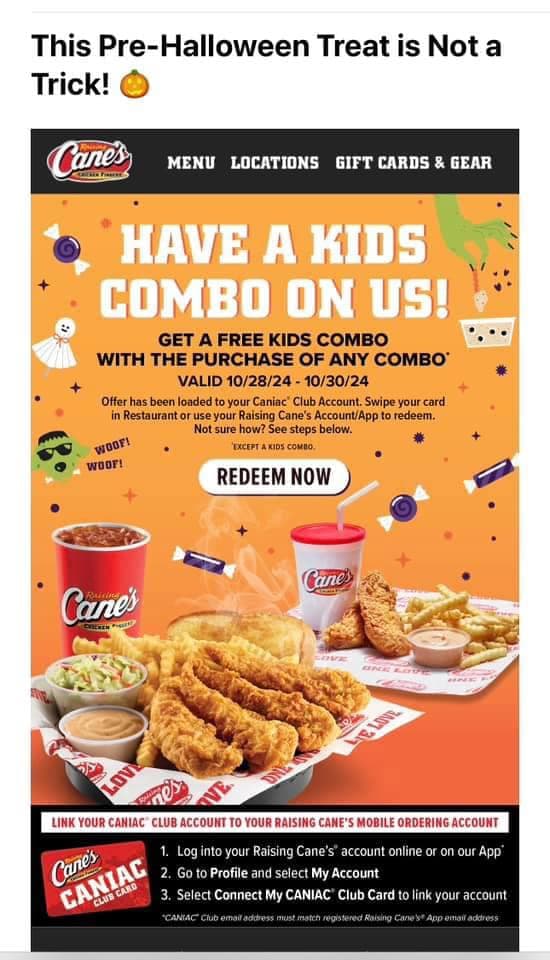 Cane's ofrece un combo de niños en la compra de cualquier combo.
