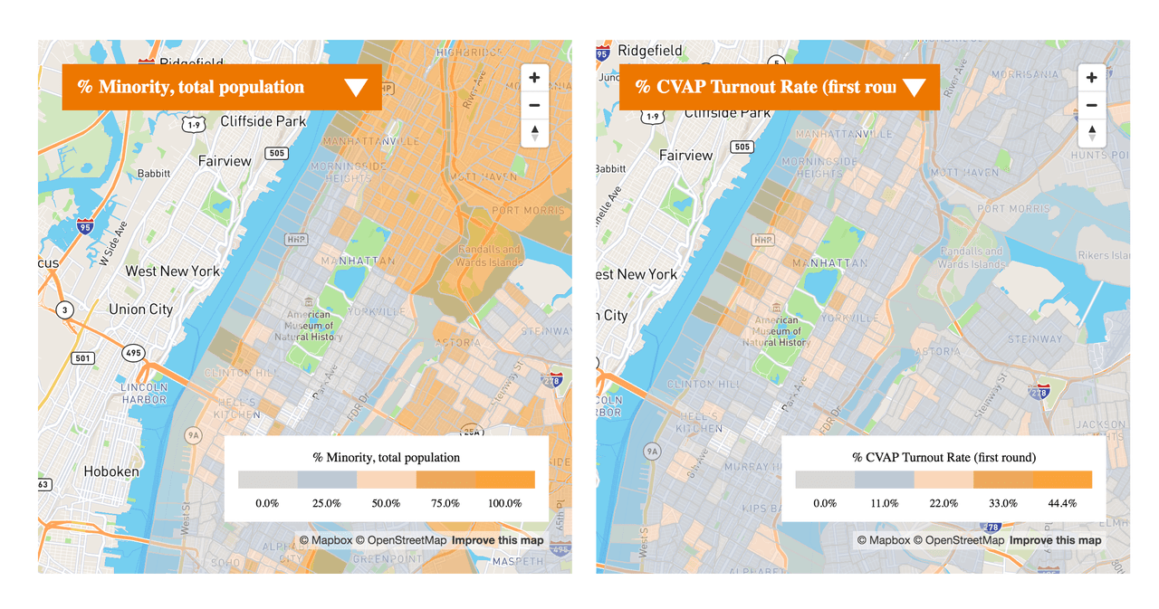 Maps of New York City showing where minorities live (left) and areas with higher turnout in the last local election (right)