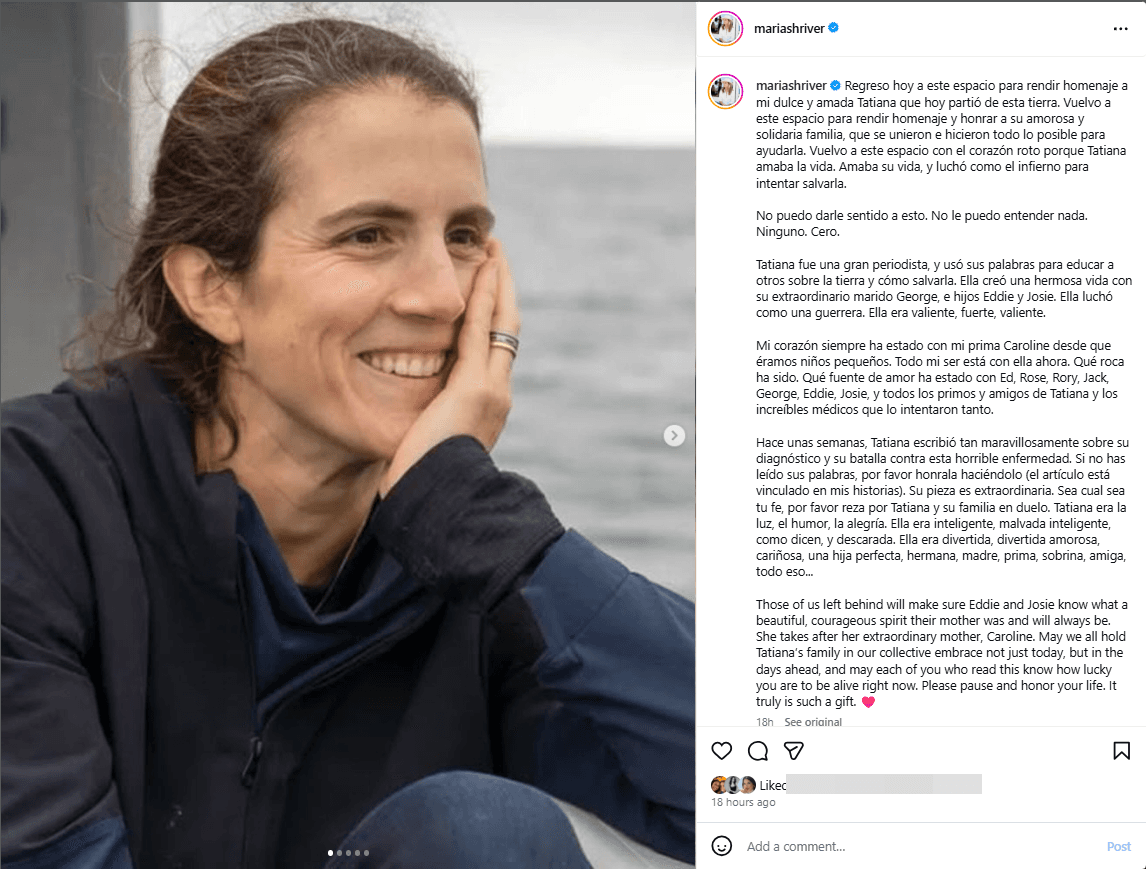 Maria Shriver dedicó un sentido mensaje a Tattiana Schlossberg.