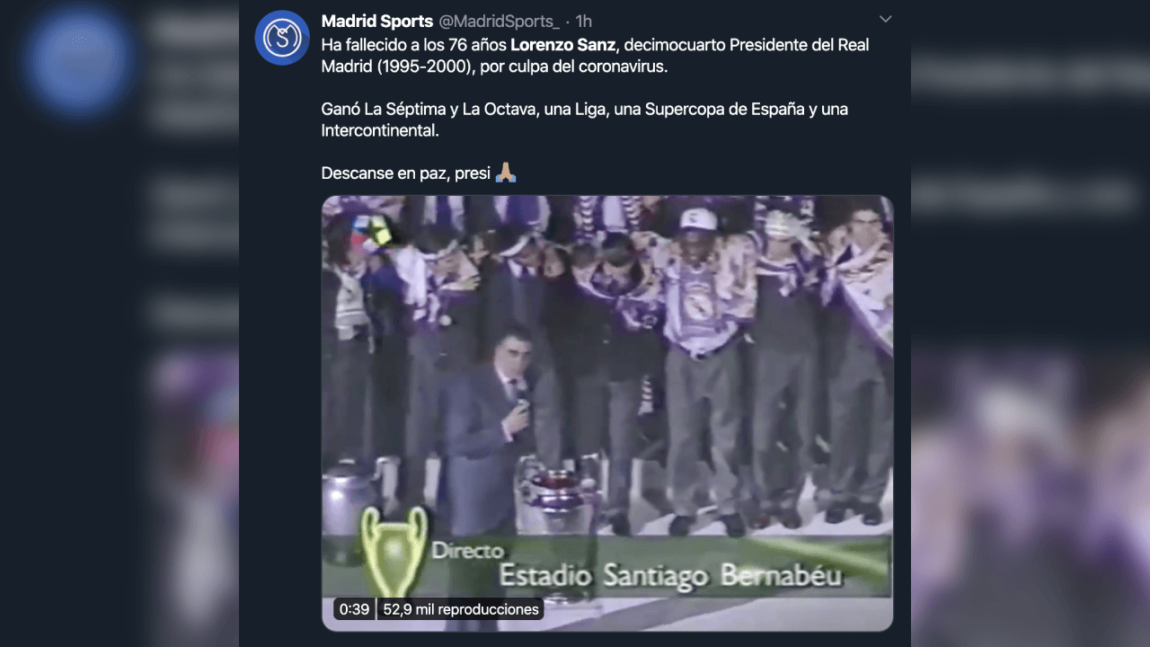 El madridismo reacciona y otorga sus condolencias a Lorenzo Sanz, quien falleció con 76 años a causa del coronavirus.