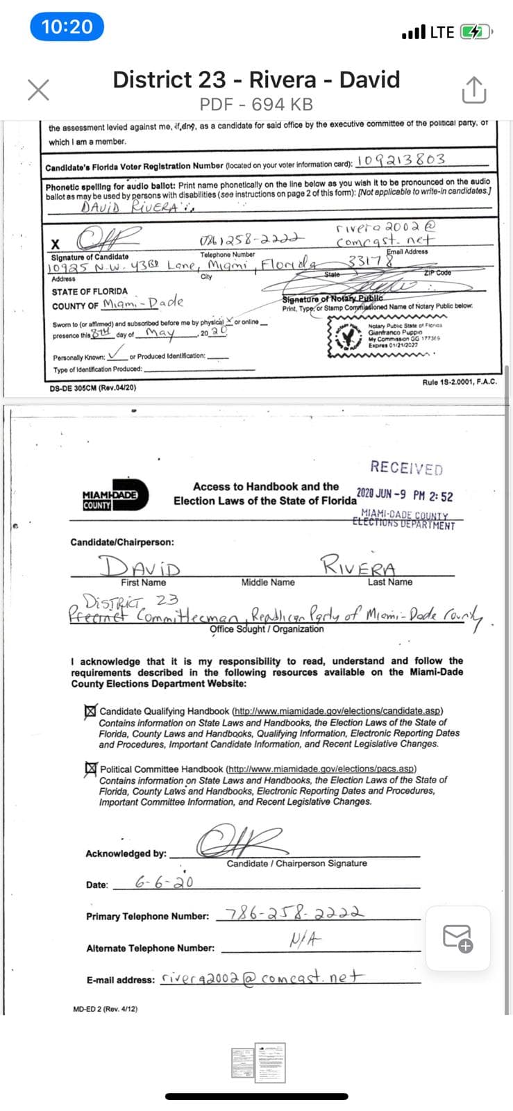 David Rivera registró, bajo juramente en junio pasado en las elecciones para el Comité Republicano de Miami, usando una dirección en Doral, de una casa registrada a su nombre.