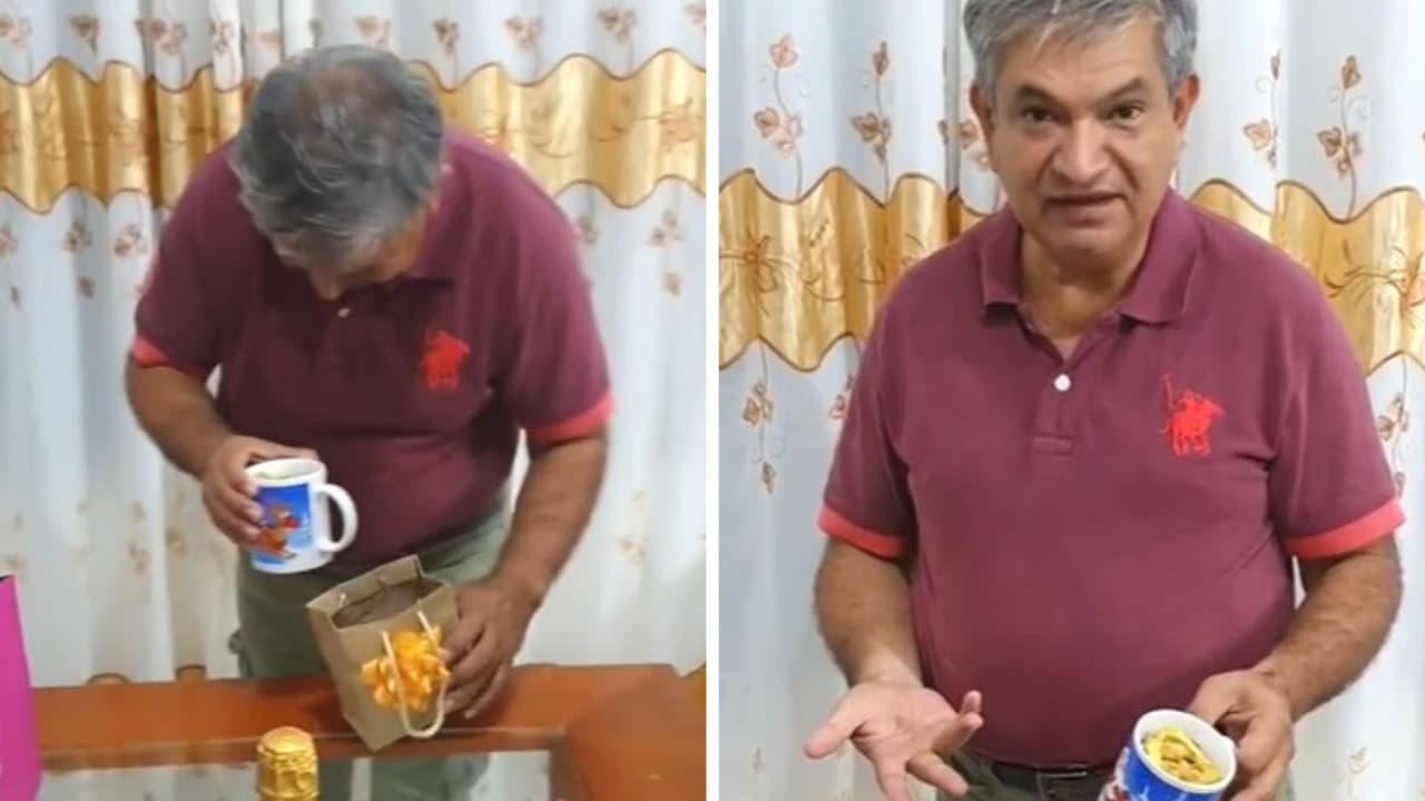 Hombre recibe taza de regalo de intercambio y su reacción se hace viral en TikTok: "¿Es broma?"