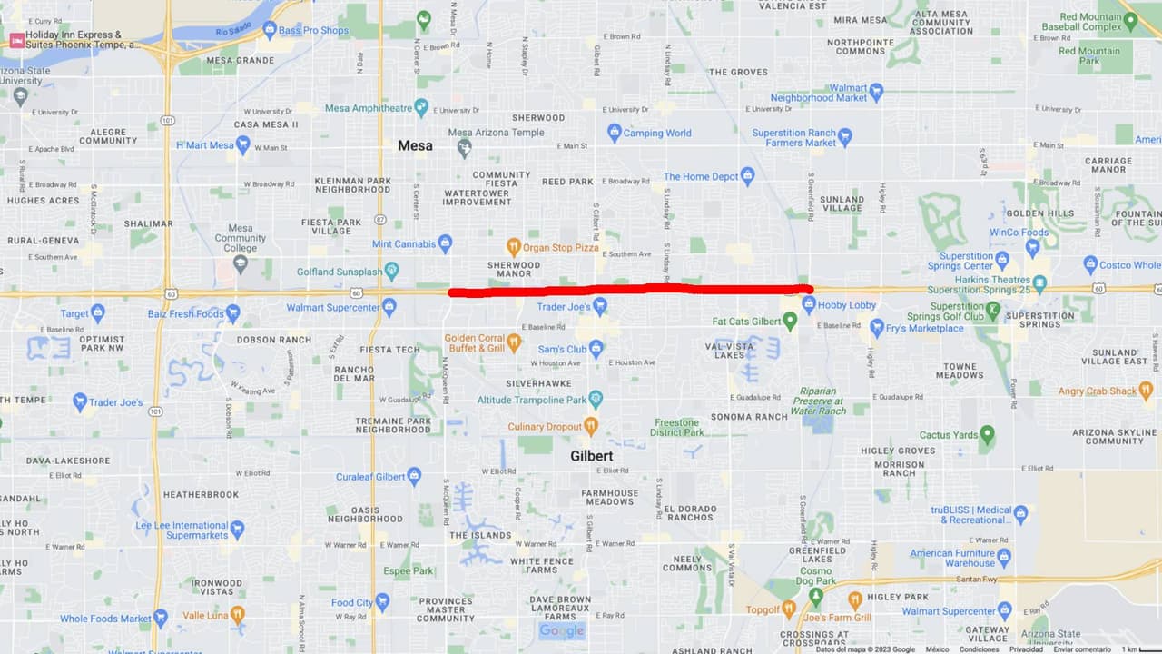 <b>US 60</b>
<br>La US 60 en dirección oeste (Superstition Freeway) estará cerrada entre Greenfield Road y Mesa Drive desde las 9 p.m. del viernes hasta a las 5 a.m. del lunes.
<br>
<br>Las rampas de acceso a la US 60 en dirección oeste en Power Road, Superstition Springs Boulevard y Higley Road también cerraron. 
<br>
<br>
<b>Rutas alternas</b>
<br>Considere usar el Loop 202 en dirección oeste (autopistas Red Mountain o Santan) como rutas de autopista alternativas. Las rutas de desvío locales incluyen Baseline Road en dirección oeste y Southern Avenue.