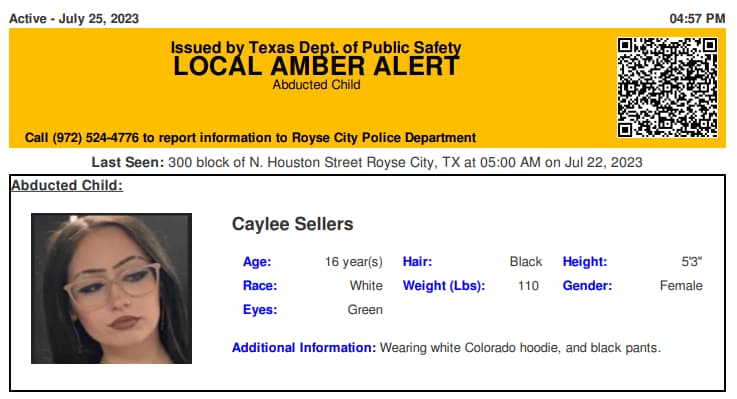 Emiten una Alerta Amber en Texas para encontrar a Caylee Seller de 16 años.