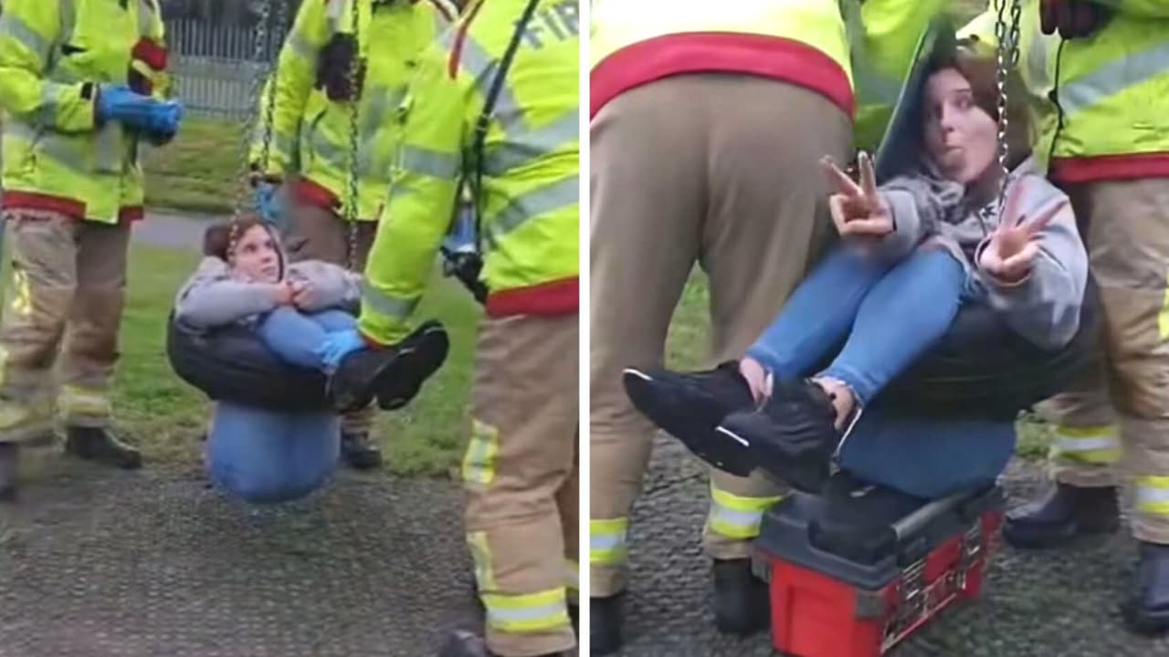 Niña queda atrapada en columpio y llegan los bomberos al rescate: su mamá no paró de reír