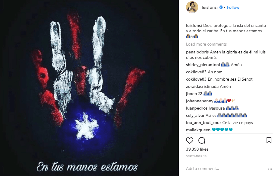 El boricua mostró su preocupación ante la inminente llegada del fenómeno natural a su país: "Dios, protege a 'la Isla del encanto' y a todo el Caribe. En tus manos estamos...".