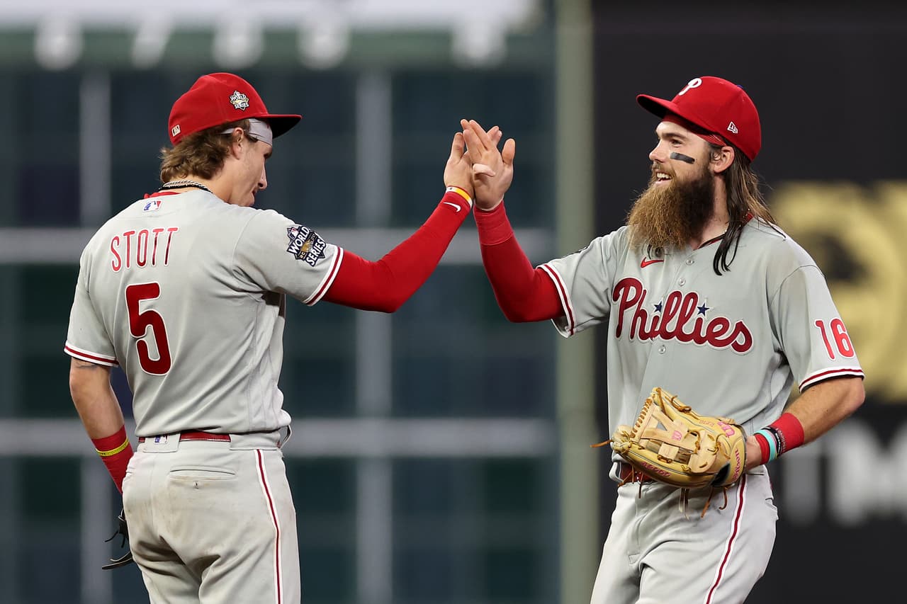 Los
<b>Phillies</b> hicieron que sucediera lo improbable en el Juego 1 contra los
<b>Astros.</b>
<b>Bryson Stott</b> #5 y
<b> Brandon Marsh</b> #16 celebran después de vencer a los
<a href="https://www.univision.com/local/houston-kxln/astros-houston-pierden-phillies-juego-inaugural-serie-mundial">Astros de Houston 6-5 </a>en la
<b>décima entrada </b>del Juego Uno de la Serie Mundial 2022 en el Minute Maid Park el 28 de octubre de 2022 en Houston, Texas.