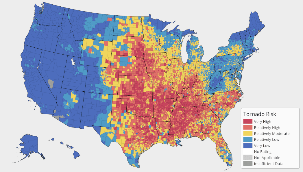 The National Tornado Hazard Index, which represents a community's relative risk for tornadoes compared to the rest of the United States. The colour represents higher risk, from red (high risk), yellow (medium risk), to blue (low risk).
<br>