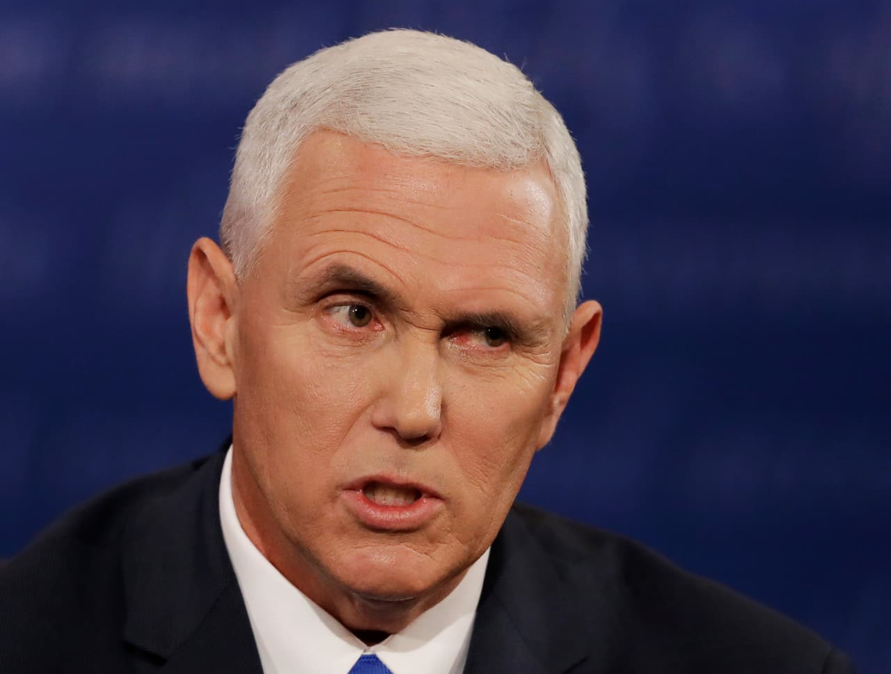 Republican vice-presidential nominee Gov. Mike Pence speaks during the vice-presidential debate with Democratic vice-presidential nominee Sen. Tim Kaine at Longwood University in Farmville, Va., Tuesday, Oct. 4, 2016. (AP Photo/Patrick Semansky)